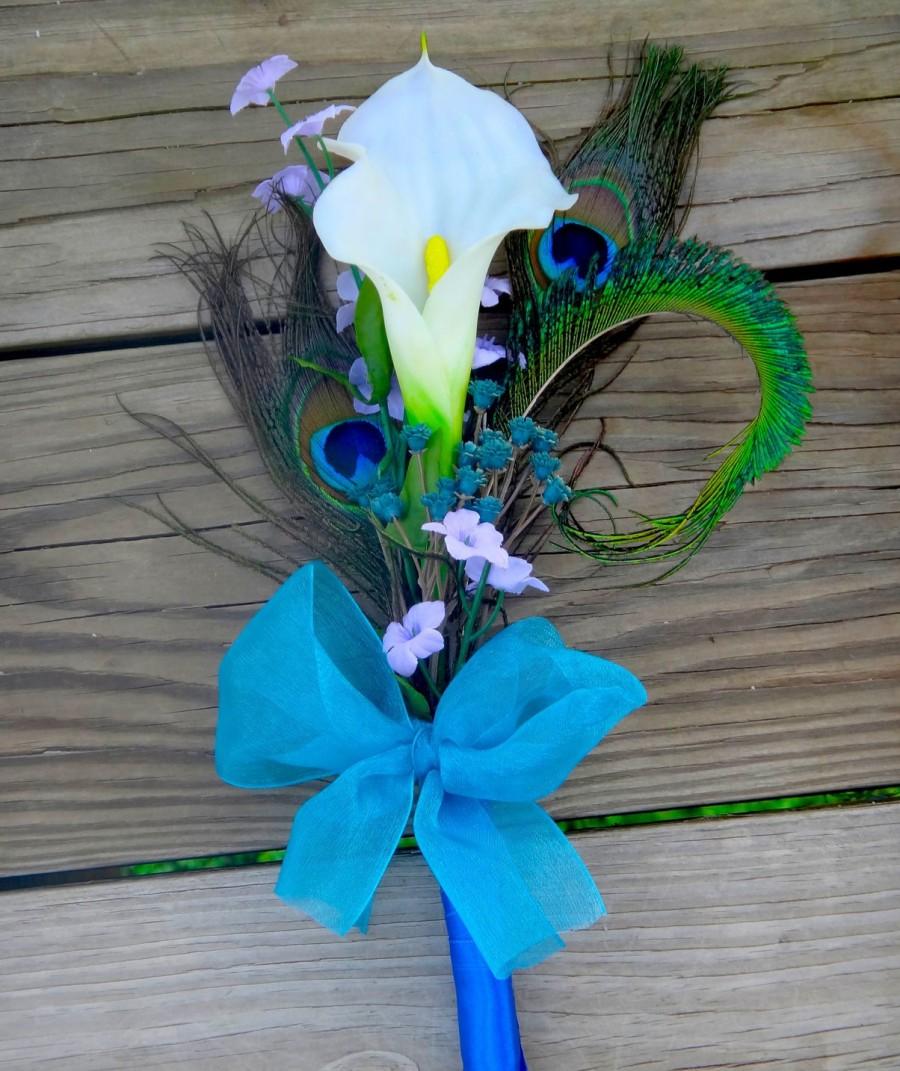 Свадьба - Calla lily peacock bouquet  for bridesmaids, single stem calla lily, purple and teal accent flowers