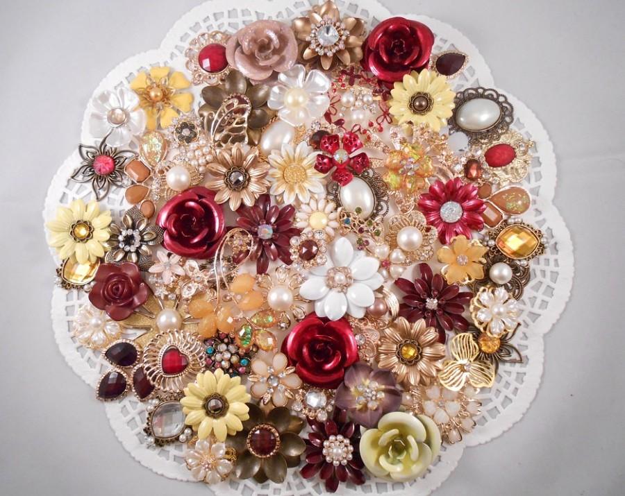 Свадьба - Enamel Flower Brooch Bouquet Kit 65 pc AUTUMN MIST DIY Wedding Flowers Red Burgundy Gold Brown Yellow