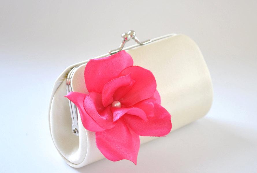 زفاف - Ivory and Fuchsia -  Mini Flower Girl Clutch  / Custom made with over 50 colors to choose from