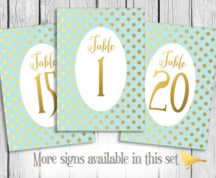 Mariage - Digital Printable Wedding table numbers signs 1-20 - Instant Download - 5x7 - Print for Wedding JPG - Mint Gold Foil