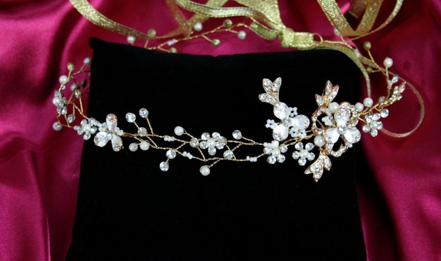 Mariage - Crystal Wedding Headband, Color Gold, Vintage Rhinestone Bridal Hair Jewelry, Bridal Tiara, Wedding Headwear, Wedding halo