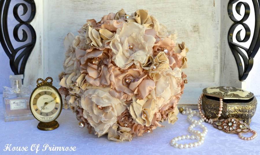 Hochzeit - Vintage/Shabby Chic Handmade, Fabric Flower Wedding Bouquet. Neutral Tones, Rose Gold Embellishments