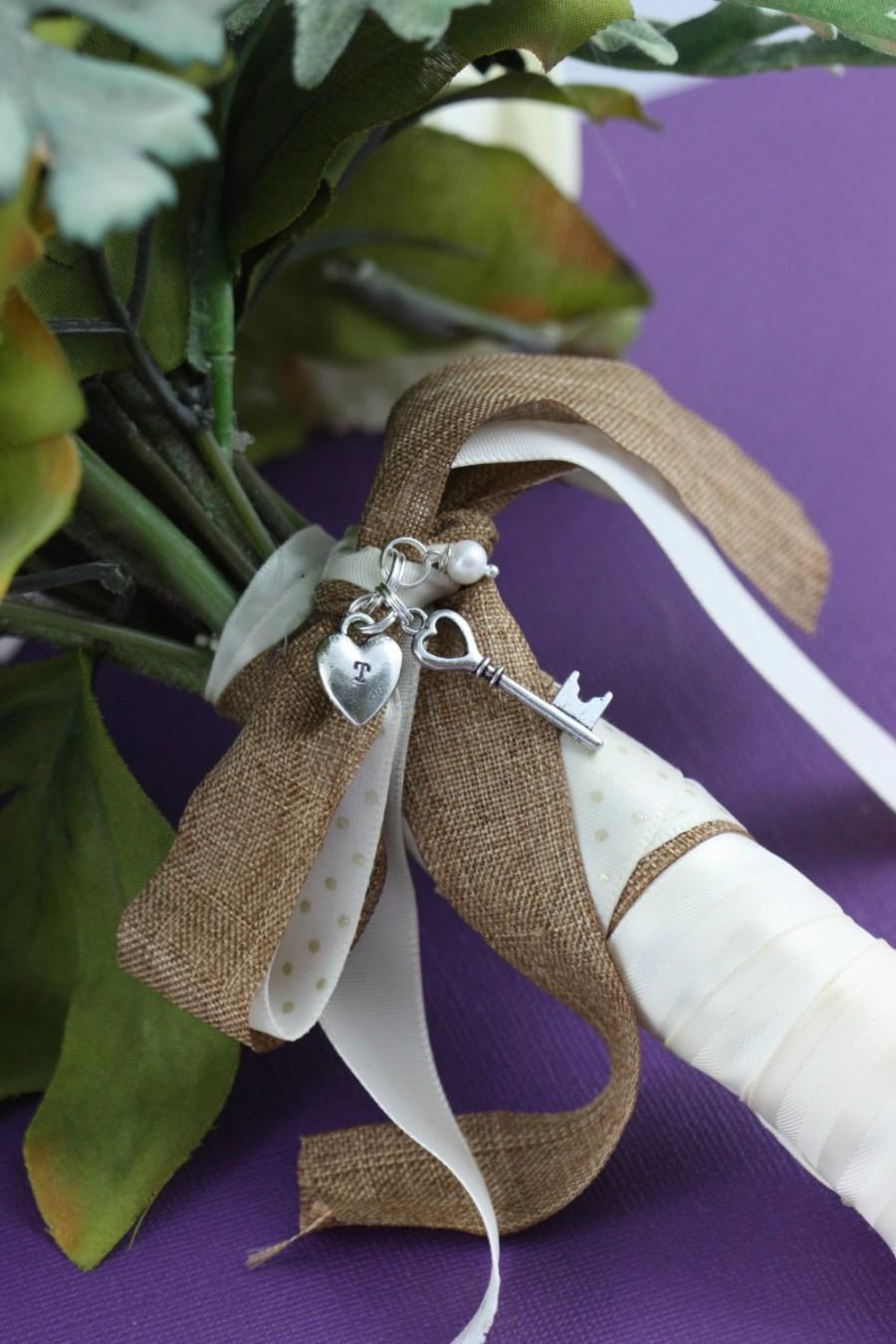 Wedding - SALE - Wedding Bouquet Charm - Key Charm Heart Charm - Personalized Initial - Key to My Heart - Personalized Bouquet - Wedding Shower Gift