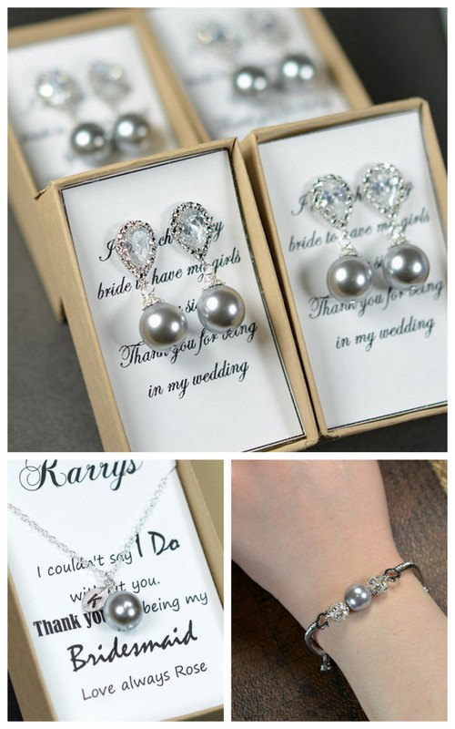 زفاف - Pearl Gray charcoal grey black Bridal jewelry set,Bridal necklace & earrings,SET,bridesmaid jewelry set,monogrammed gifts,initial leaf char