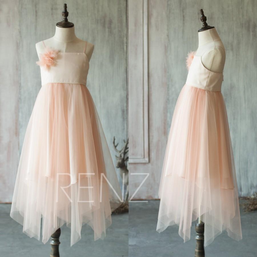 زفاف - 2015 Junior Bridesmaid dress Long, Pink Blush Flower Girl dress, Peach Puffy dress, Spaghetti Strap Rosette dress (LK060)-Renzrags