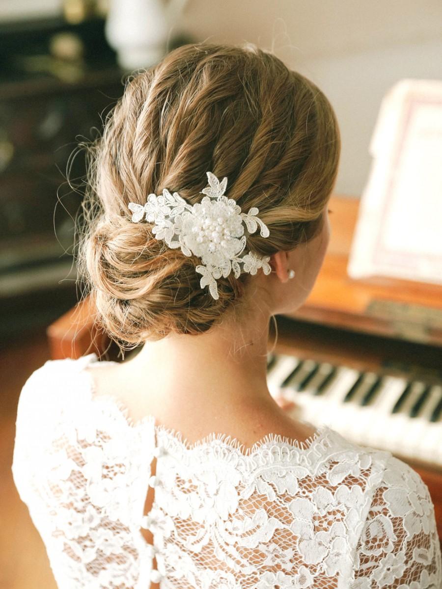 زفاف - Pearl wedding hair pin, ivory lace wedding hair pin, lace hair pin for wedding - style #129