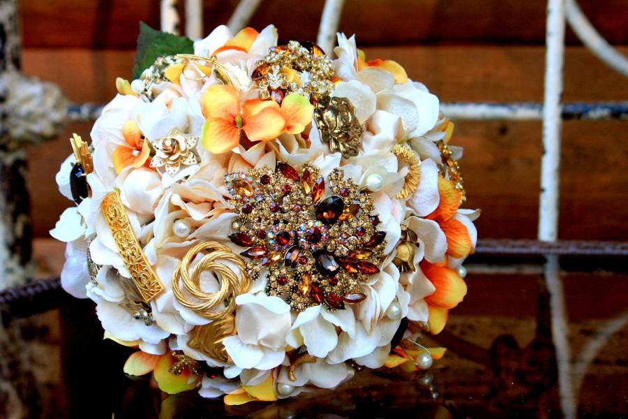 Hochzeit - Brooch Bouquet ivory orange gold topaz wedding bouquet with free toss bouquet
