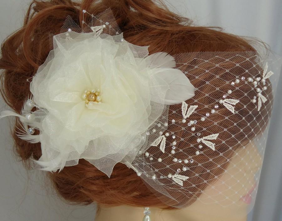 زفاف - Ivory Veil Set, Detachable Organza Flower, 6 Inch Double Bandeau, Bridal Veil Set