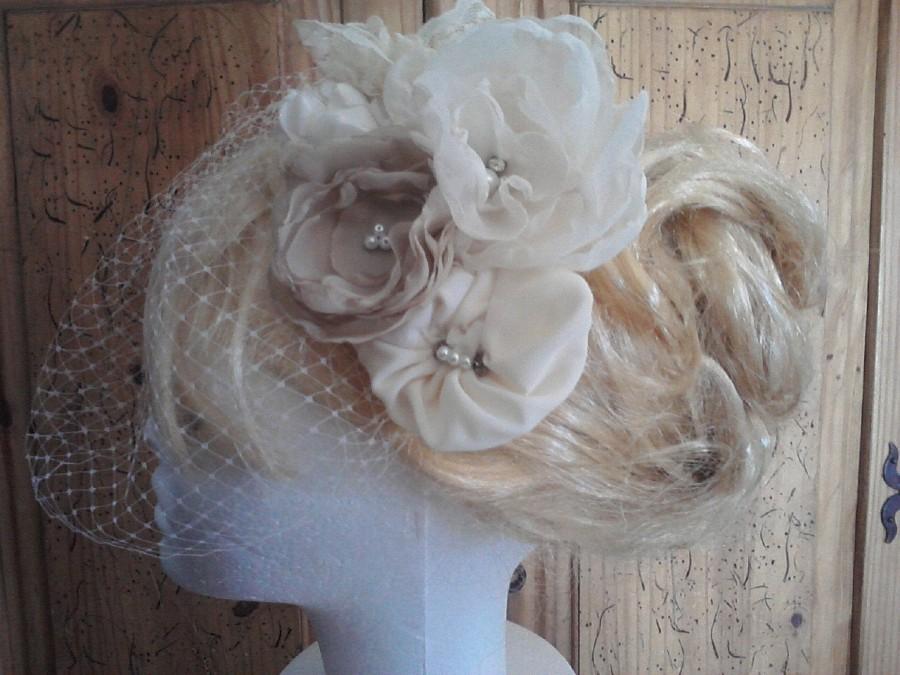 Hochzeit - Birdcage Veil and Hairpiece, Ivory and Oatmeal Flowers Wedding Hairpiece, Ivory Wedding Veil,  Birdcage  Bridal Hairpiece , Ivory and Tan