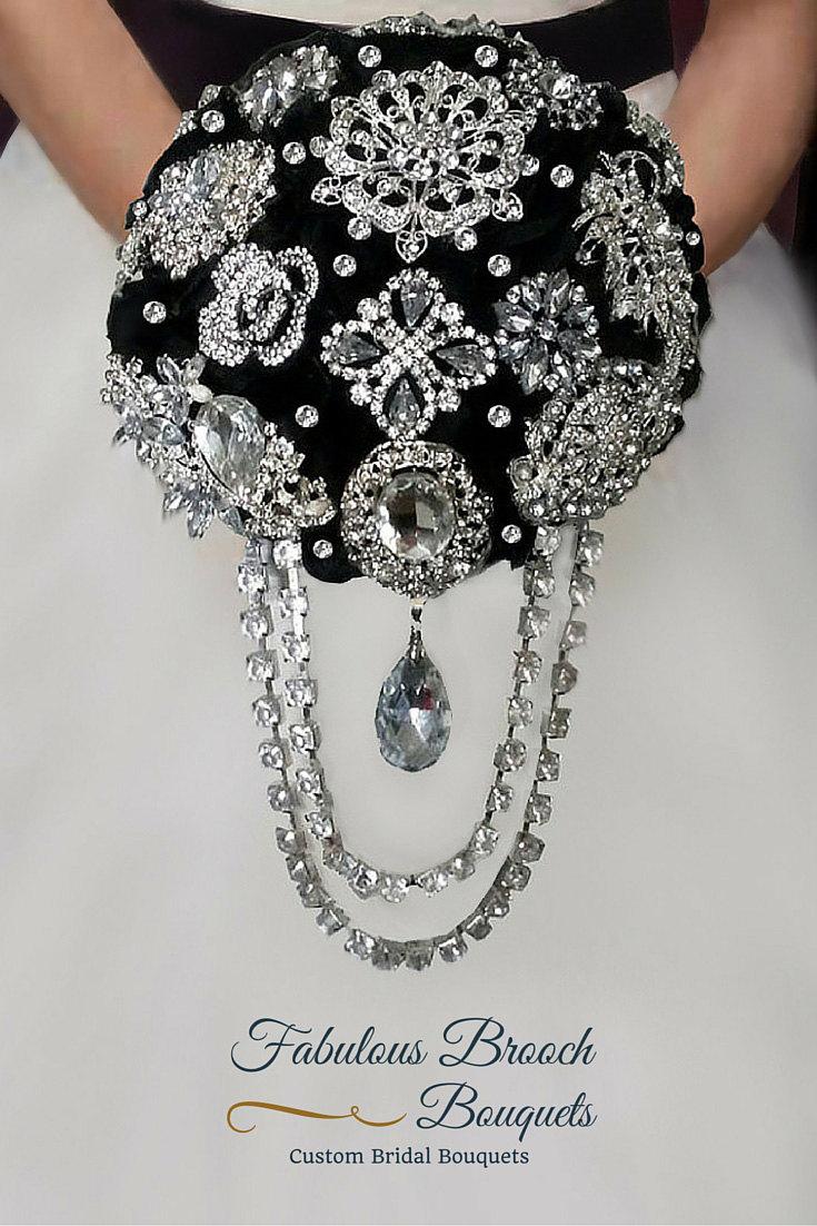 Wedding - Elegant Black Brooch Bouquet,  Cascading Brooch Bouquet,  Deposit Only, Full Price 325.00