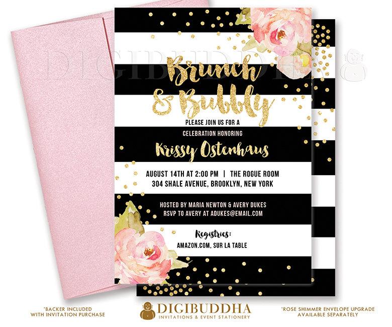 Wedding - BRUNCH & BUBBLY INVITATION Bridal Shower Invite Pink Peonies Black Stripes Gold Glitter Confetti Printable Rose Free Shipping or DiY- Krissy