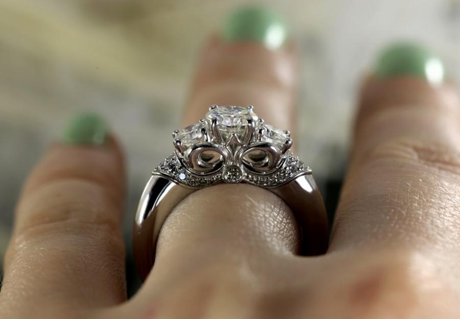 Hochzeit - Three Stone Round Forever Brilliant Moissanite Engagement Ring with diamonds, (white gold,rose gold,yellow gold,platinum,morganite)
