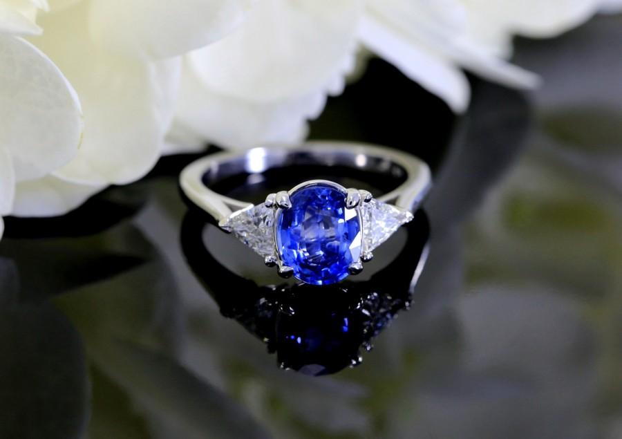 Свадьба - Natural Blue Sapphire Engagement Ring with Diamond Trillions in 14K White Gold, September Birthstone, Three Stone Oval Sapphire Ring