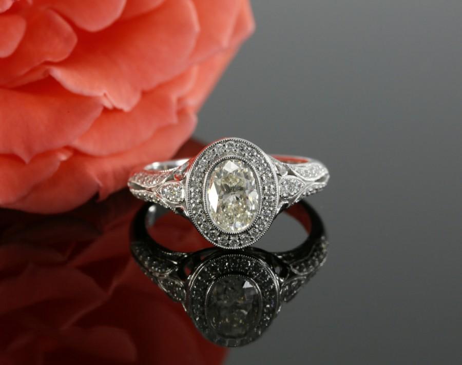 زفاف - 7x5mm Oval Forever Brilliant Moissanite and Diamond Halo Engagement Ring in 14k White Gold  (available in rose, yellow gold and platinum)