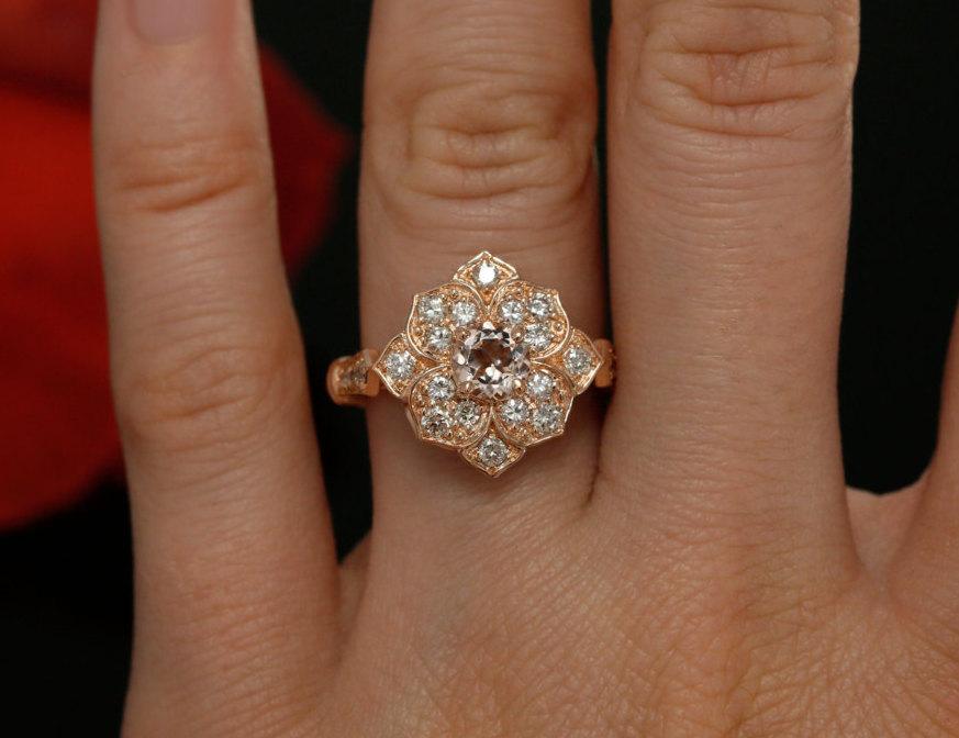Свадьба - Morganite and Diamond Engagement Ring in 14k Rose Gold, Flower Engagement Ring, Pink Morganite Ring