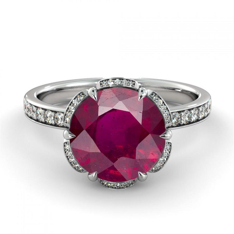Wedding - 2.00 CT Natural 7MM Flower Ruby Filigree Engagement Ring 14k White Gold Large Ruby Ring