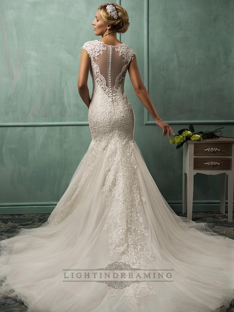 زفاف - Fit and Flare Cap Sleeves V-neck Lace Wedding Dresses with Illusion Back