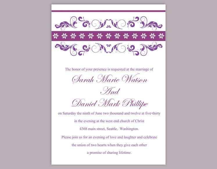 Свадьба - DIY Wedding Invitation Template Editable Word File Instant Download Printable Floral Invitation Eggplant Invitations Purple Invitation