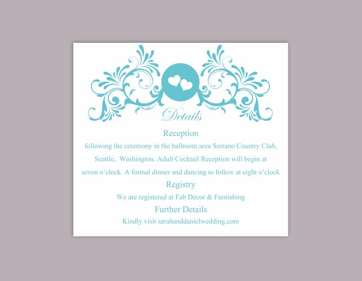 Wedding - DIY Wedding Details Card Template Editable Word File Download Printable Details Card Turquoise Teal Details Card Elegant Enclosure Card