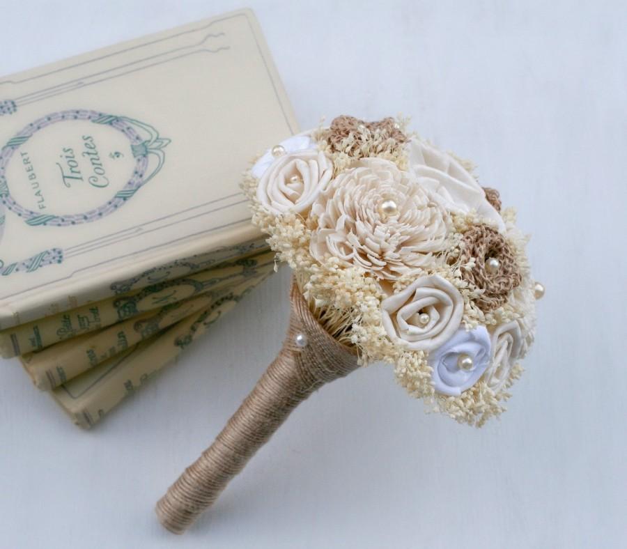 Hochzeit - Small Bridesmaids Cream, White, & Natural Burlap Wedding Bouquet - Sola Wood Flowers, Babys Breath, Fabric Flowers, Burlap Rosettes