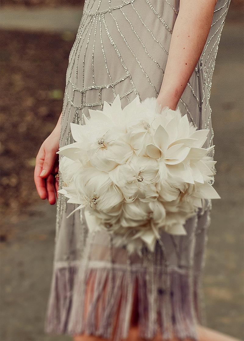 زفاف - Bridal bouquet -MADE to ORDER - large feather wedding bouquet . Rhinestone and crystal accents - COLETTE