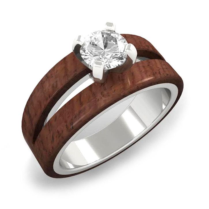 Hochzeit - Solitaire Forever One Moissanite Ring, Split Wood Engagement Ring Over 14k White Gold, Honduran Rosewood Moissanite Ring
