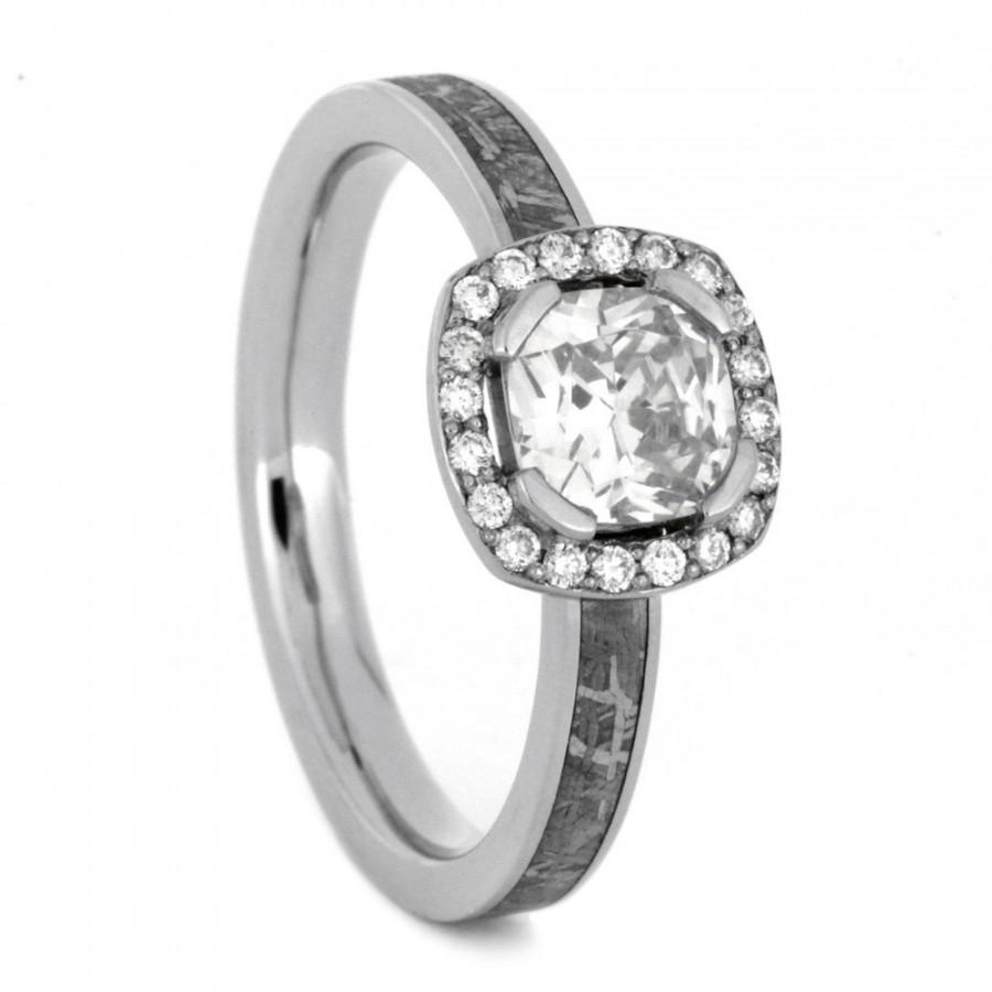 Wedding - Diamond Halo Engagement Ring With Moissanite Center Stone, Meteorite and Palladium Engagement Ring
