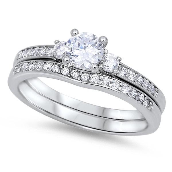زفاف - Moon of Three Stone 1.50 Carat Round White Russian Diamond CZ Accent Solid Sterling Silver Two Piece Wedding Engagement Bridal Ring Band Set
