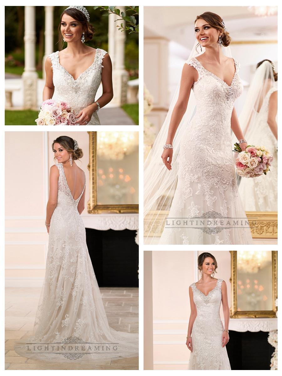 Hochzeit - Diamante Adorn Sweetheart Straps Lace Wedding Dresses with V-back