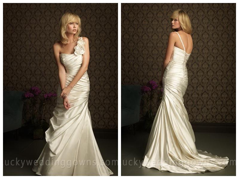 Mariage - Ivory One Shoulder Flower Ruffles Sheath Unique Wedding Dresses