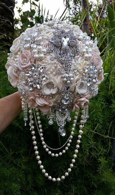 Wedding - PINK AND IVORY Custom Jeweled Cascading Brooch Bouquet- Deposit for this Custom Bouquet, brooch Bouquet, jeweled Bouquet