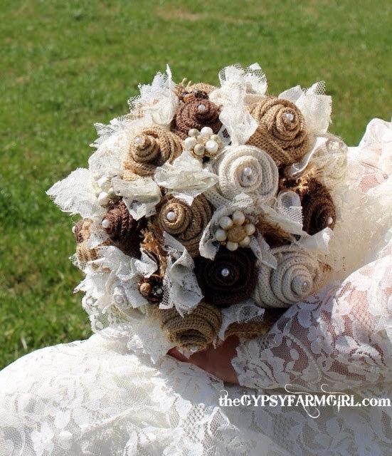Mariage - Burlap and Lace Wedding Bouquets for Rustic, Vintage, Farm Wedding