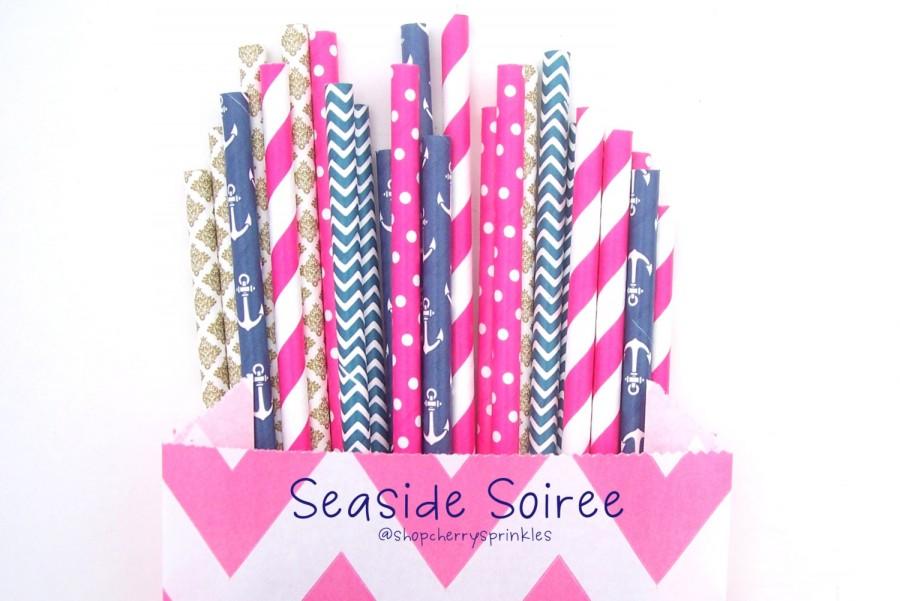 زفاف - Seaside Soiree Straws -Anchor Straws, Hot Pink Straws, Navy Straws, Sea, Beach Party, Nautical Cake Pops, Birthday, Wedding *Paper Straws