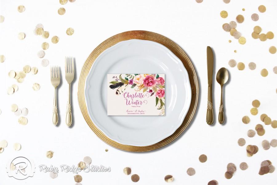 Wedding - Printable Wedding Place Cards, Escort Cards, Romantic Watercolor Floral, Bohemian Floral Wedding, Vintage Boho Floral, DIY Printable Cards