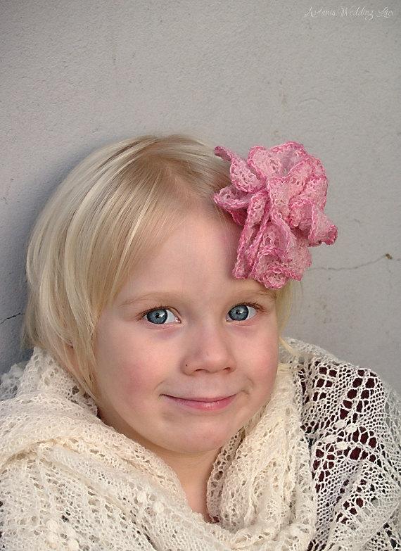 Hochzeit - Wedding Hair Accessory, Hand-knit Flower, Bridesmaid/Flower Girl Accessory, Pink with Dark Pink Edge, Estonian Lace