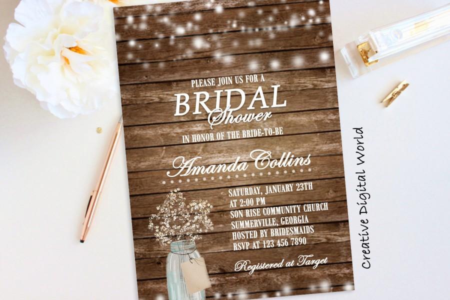 Mariage - Rustic Bridal Shower Invitation Printable, String Lights Bridal Shower Set Games Baby's Breath Flowers Mason Jar Wood Digital File Invite