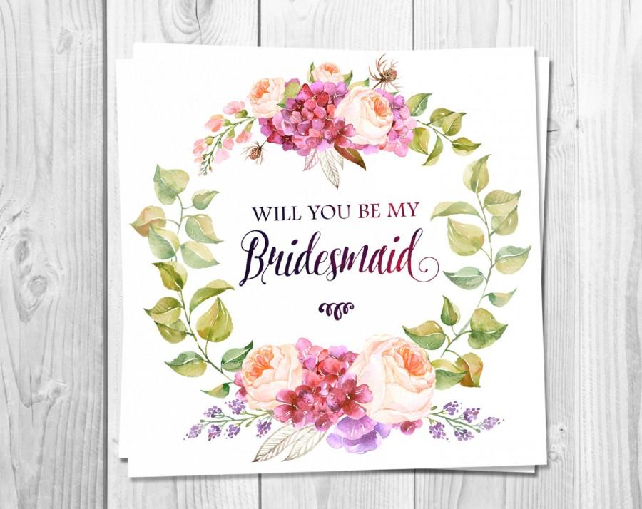 زفاف - Bridesmaid Card Printable, Will You Be My Bridesmaid, Wedding, Pink Flowers, Boho, Bohemian Wedding, Flower Greeting Card, Wreath, Peony