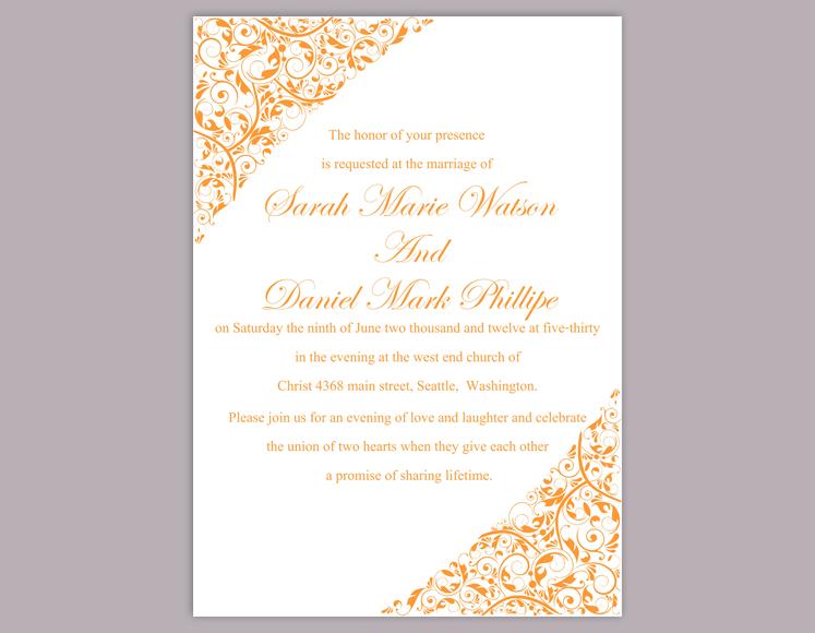 Hochzeit - DIY Wedding Invitation Template Editable Word File Instant Download Elegant Printable Invitation Orange Wedding Invitation Floral Invitation