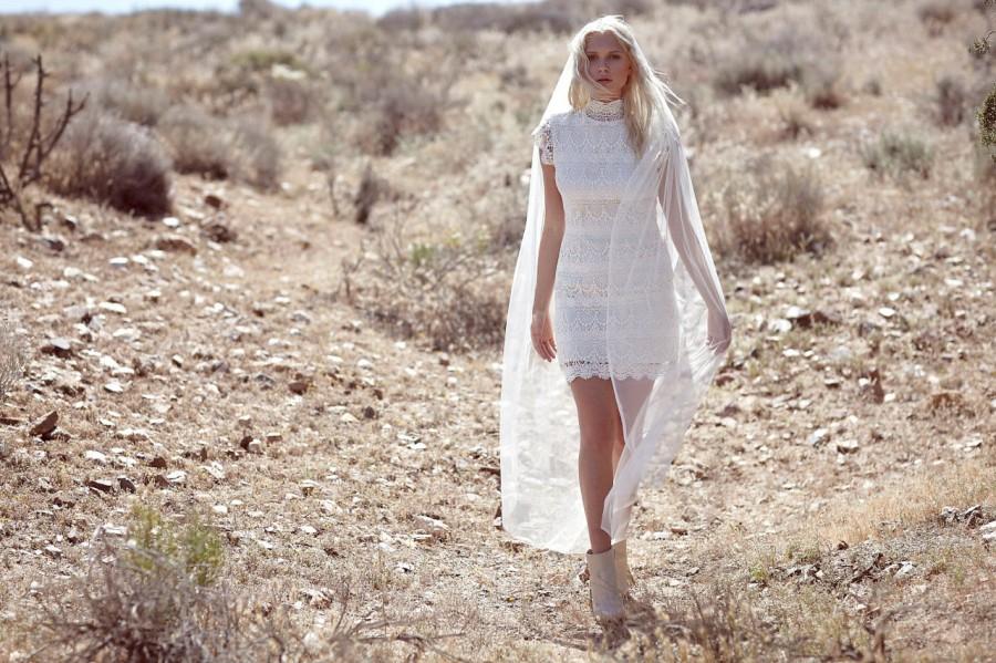 Mariage - Vintage Inspired High Neck Wedding Dress Crochet Lace Cap Sleeve Short Ivory Bohemian Gown - "Cleo"