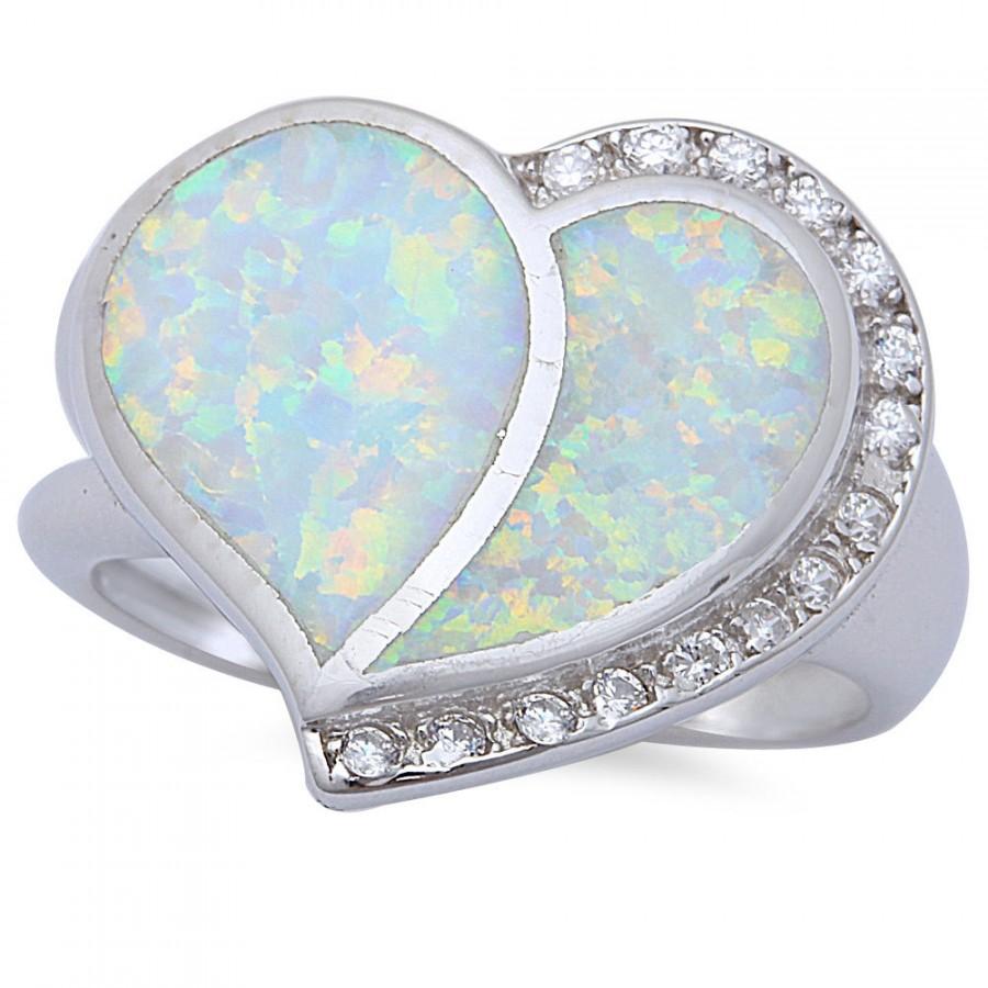 زفاف - Solid 925 Sterling Silver Heart Shape Lab White Opal Round Russian CZ Wedding Engaement Promise Ring Valentines Heart Love Gift Split shank