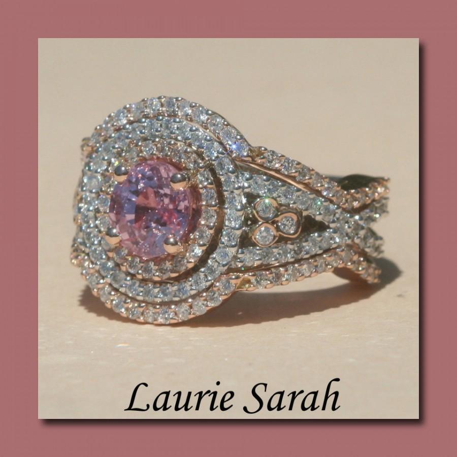 Wedding - Pink Sapphire and Diamond Three Ring Wedding Set with Contoured Bands - LS1557