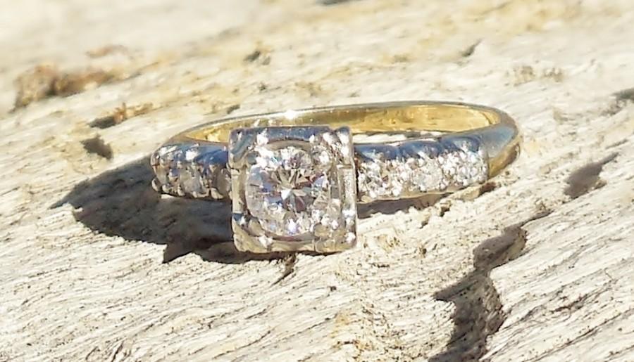 Hochzeit - Vintage Antique .52ct Transitional Cut Diamond Unique Engagement Ring Art Deco 14k White & Yellow Gold Two Tone 1940