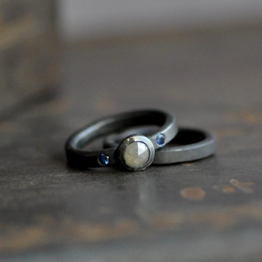 Wedding - rose cut diamond ring with blue sapphire flush set, sterling silver wedding and engagement set, choose your stones, eco friendly