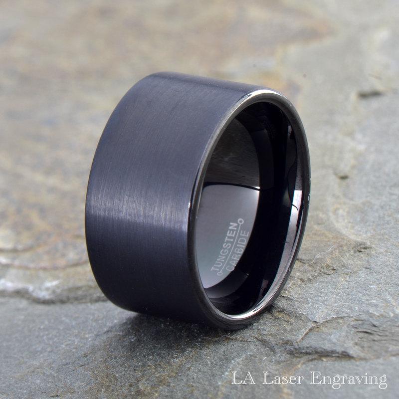 زفاف - Black brushed tungsten wedding band, 12mm, Mens tungsten ring, anniversary, brushed ring, his wedding band, free laser engraving,