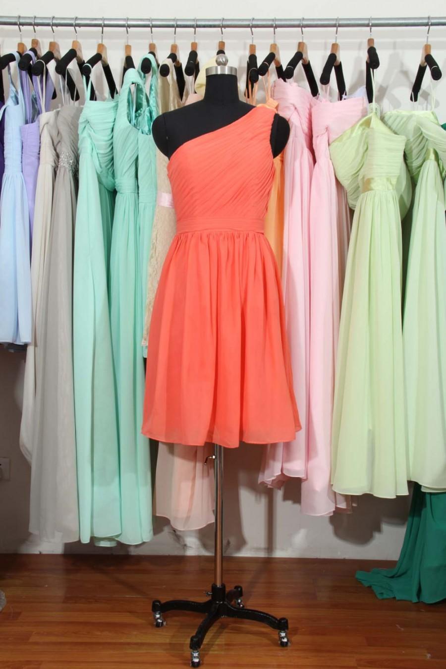 Свадьба - One Shoulder Bridesmaid Dress, Coral Bridesmaid Dress,  Popular Chiffon Short Bridesmaid Dress/Homecoming Dress
