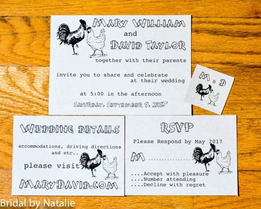 Hochzeit - Rustic Wedding invitation Set - Farm Wedding Invitation - Printable Rustic Wedding Invitation Set - Chicken and Rooster Wedding Set