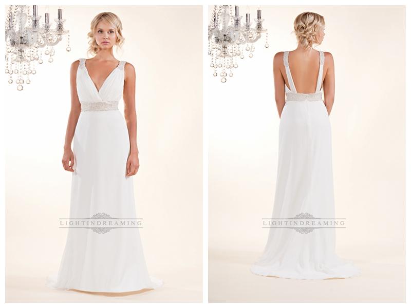 Hochzeit - Sheath Plunging V-neck Wedding Dresses with Beaded Straps and Belt