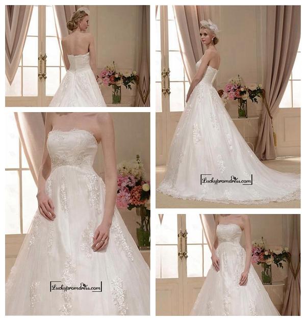 Wedding - Alluring Tulle&Satin A-line Strapless Neckline Natural Waistline Wedding Dress