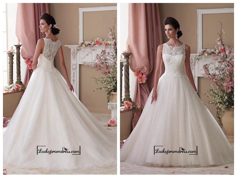 Hochzeit - Alluring Tulle & Sequins Mesh & Satin Jewel Neckline Dropped Waistline A-line Wedding Dress