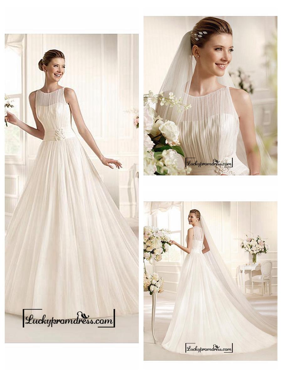 Hochzeit - Alluring Tulle & Satin Jewel Neckline Natural Waistline A-line Wedding Dress